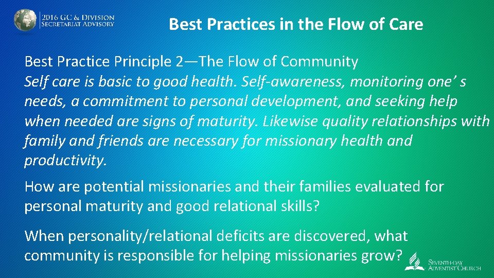 Best Practices in the Flow of Care Best Practice Principle 2—The Flow of Community