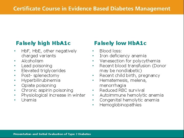 Falsely high Hb. A 1 c • • • Hb. F, Hb. E, other
