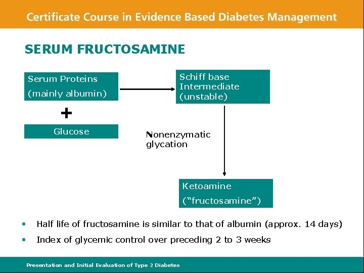 SERUM FRUCTOSAMINE Serum Proteins (mainly albumin) + Glucose Schiff base Intermediate (unstable) Nonenzymatic glycation