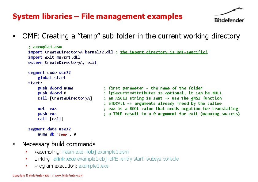 System libraries – File management examples • OMF: Creating a ”temp” sub-folder in the