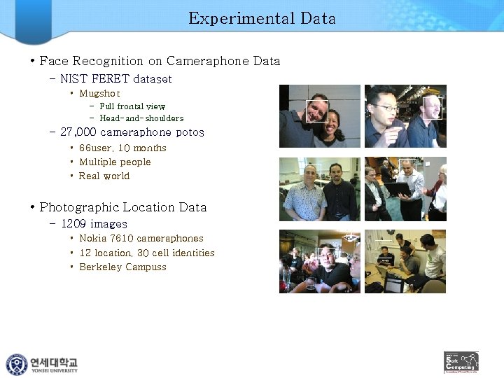 Experimental Data • Face Recognition on Cameraphone Data – NIST FERET dataset • Mugshot