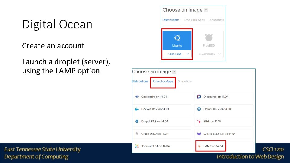 Digital Ocean Create an account Launch a droplet (server), using the LAMP option 
