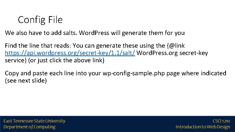 Config File We also have to add salts. Word. Press will generate them for