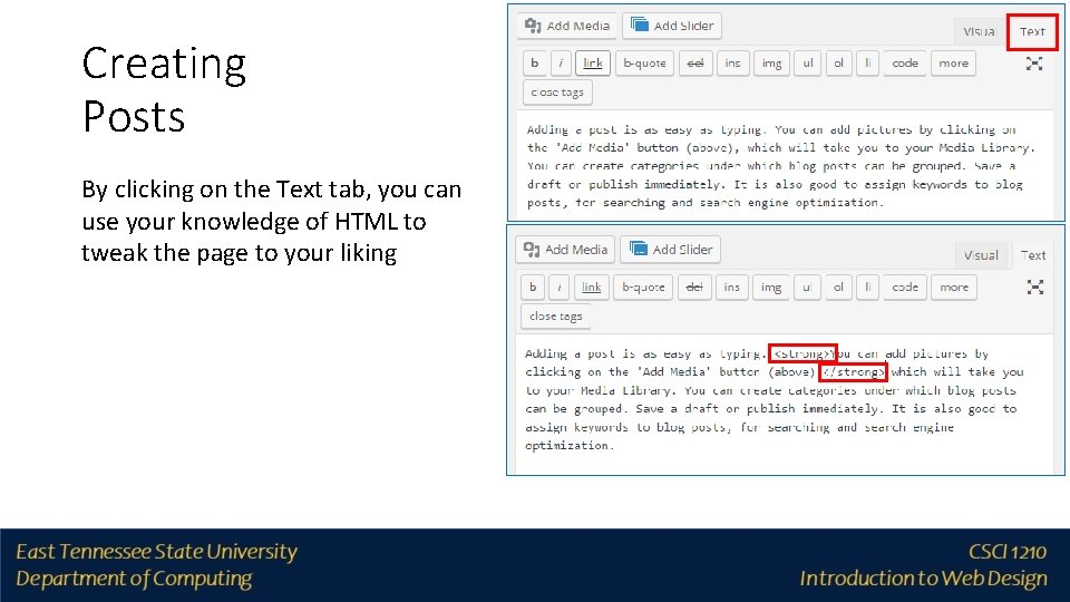 Creating Posts By clicking on the Text tab, you can use your knowledge of