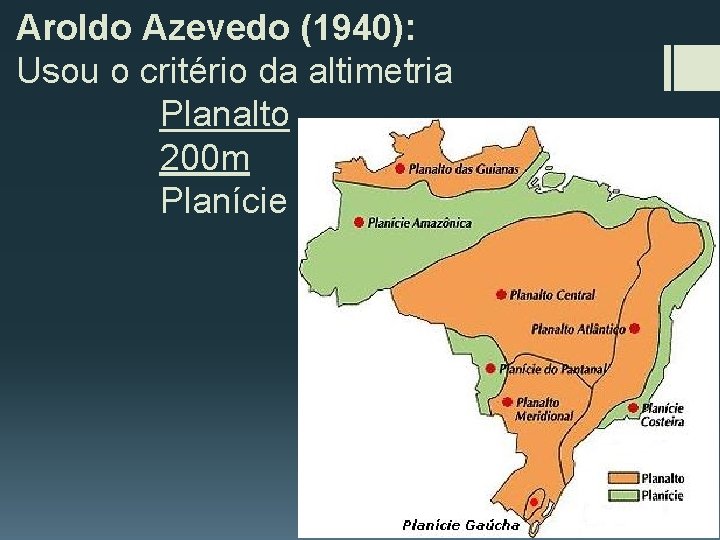 Aroldo Azevedo (1940): Usou o critério da altimetria Planalto 200 m Planície 