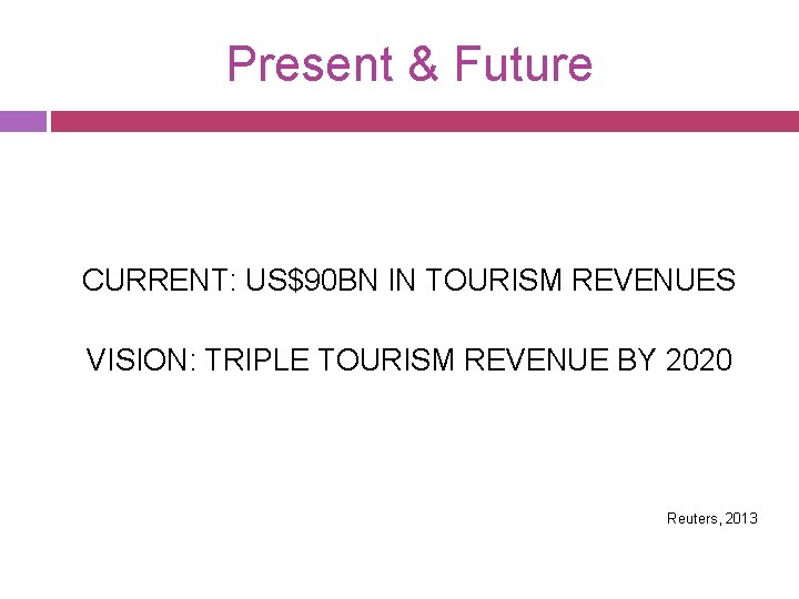 Present & Future CURRENT: US$90 BN IN TOURISM REVENUES VISION: TRIPLE TOURISM REVENUE BY