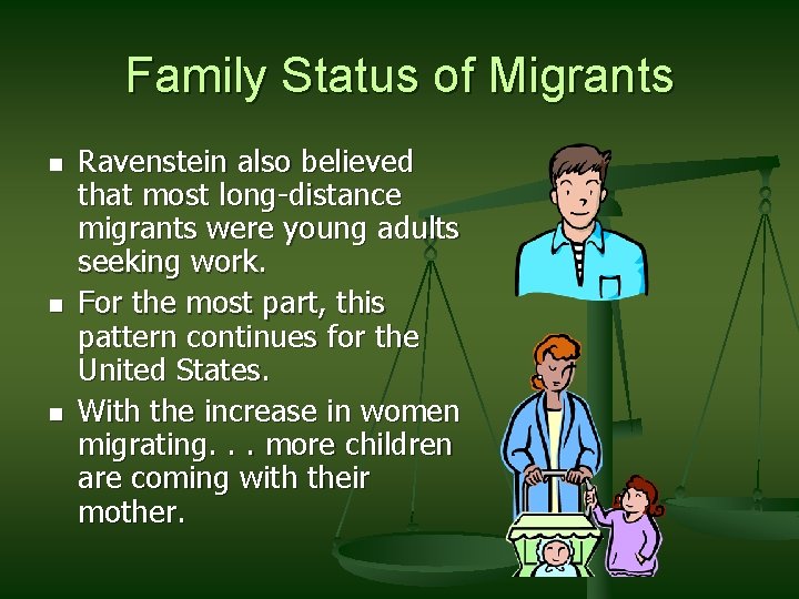 Family Status of Migrants n n n Ravenstein also believed that most long-distance migrants