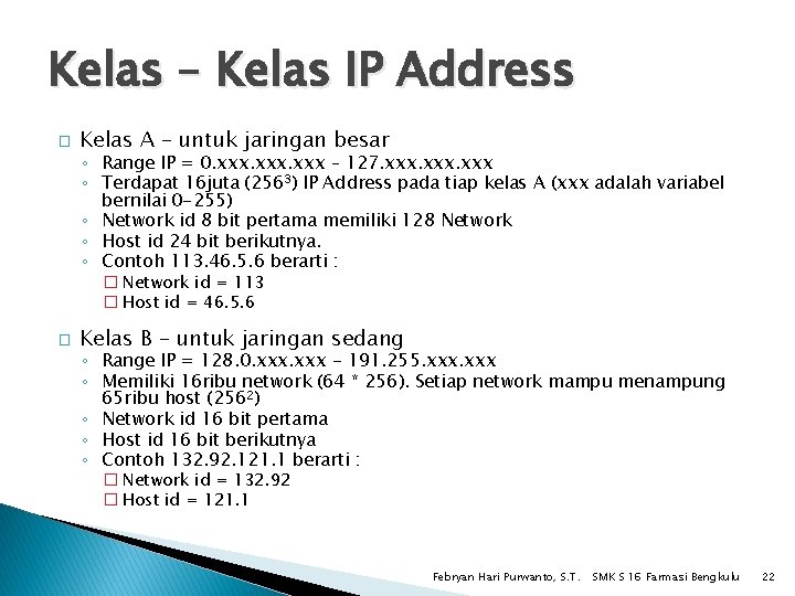 Kelas – Kelas IP Address � Kelas A – untuk jaringan besar ◦ Range