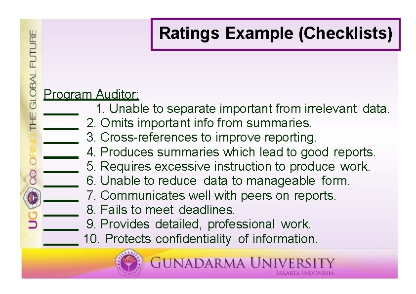 Ratings Example (Checklists) Program Auditor: 1. Unable to separate important from irrelevant data. 2.