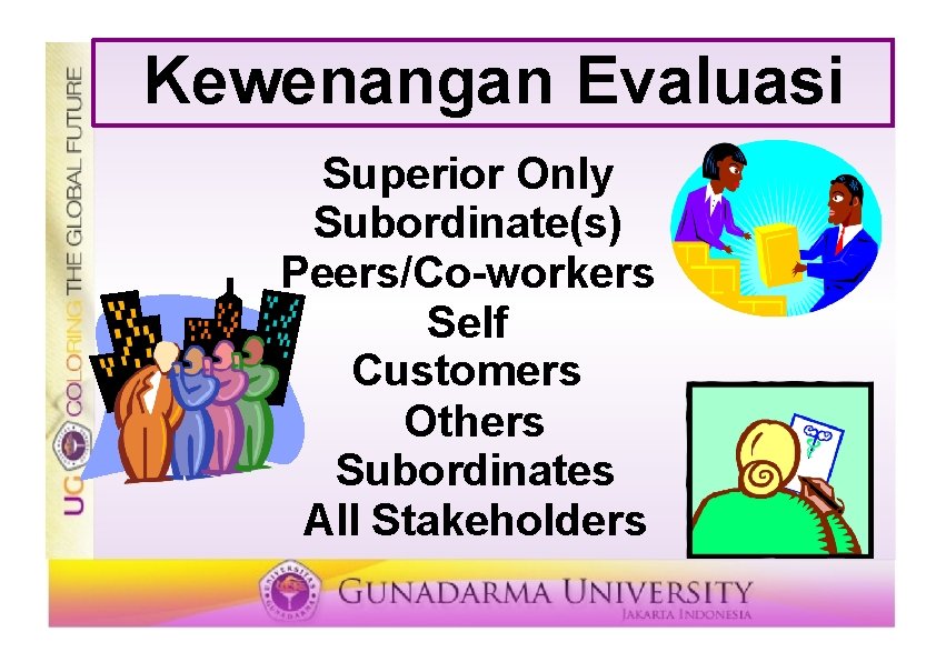 Kewenangan Evaluasi Superior Only Subordinate(s) Peers/Co-workers Self Customers Others Subordinates All Stakeholders 