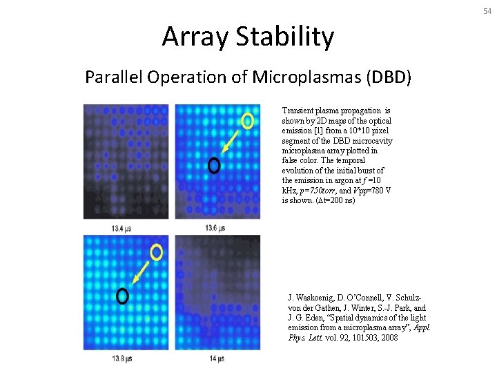 54 Array Stability Parallel Operation of Microplasmas (DBD) Transient plasma propagation is shown by