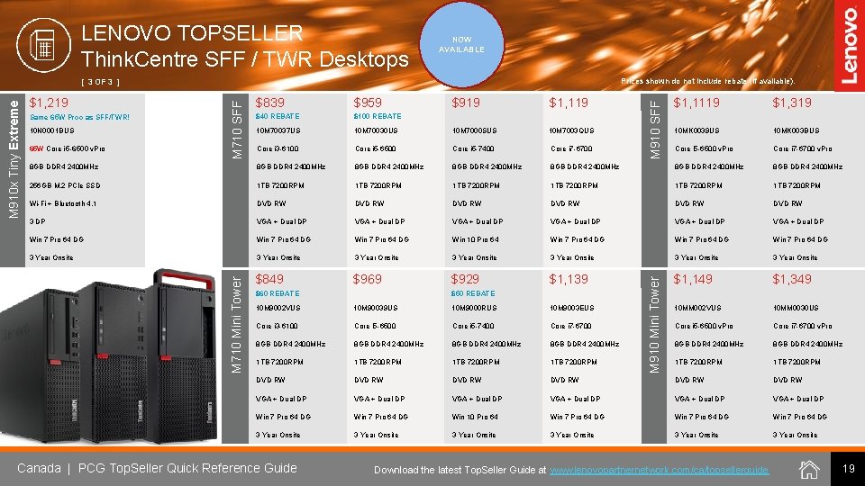 LENOVO TOPSELLER Think. Centre SFF / TWR Desktops NOW AVAILABLE Prices shown do not