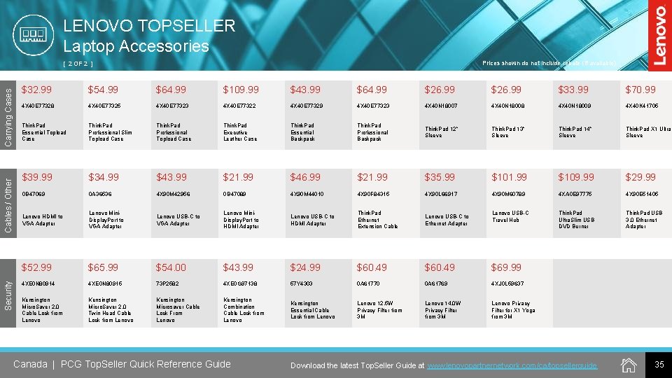 LENOVO TOPSELLER Laptop Accessories Prices shown do not include rebate (if available). Security Cables