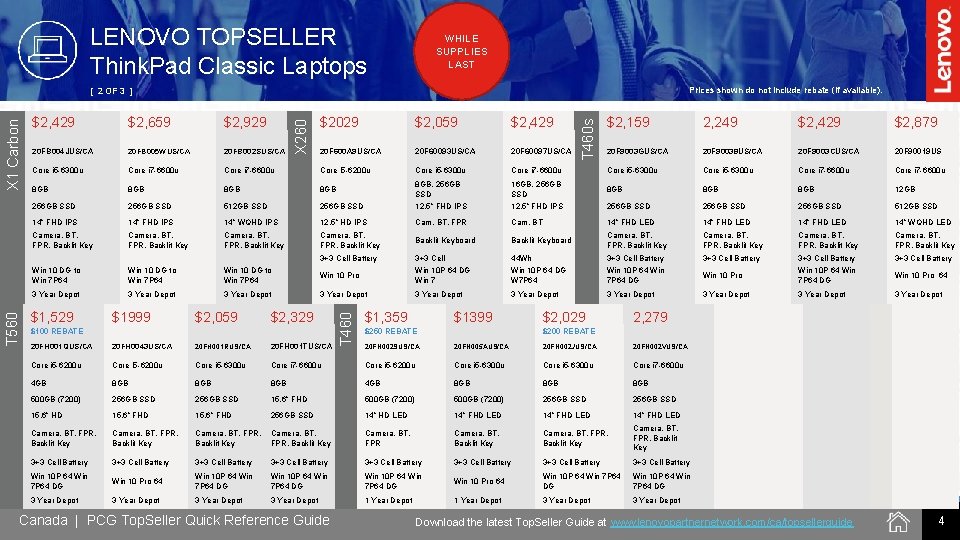 LENOVO TOPSELLER Think. Pad Classic Laptops WHILE SUPPLIES LAST Prices shown do not include