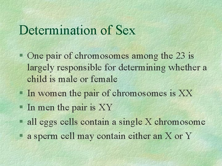 Determination of Sex § One pair of chromosomes among the 23 is largely responsible