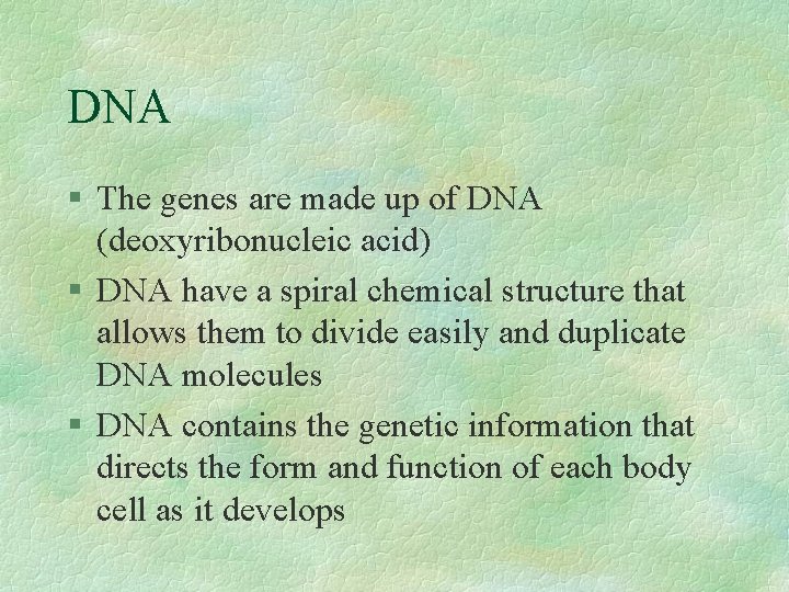 DNA § The genes are made up of DNA (deoxyribonucleic acid) § DNA have