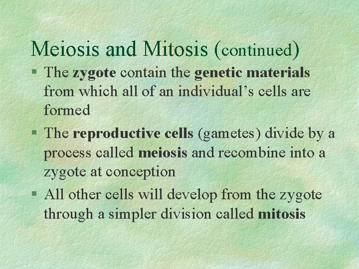 Meiosis and Mitosis (continued) § The zygote contain the genetic materials from which all