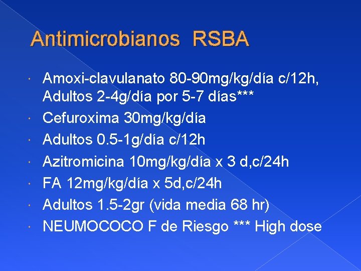 Antimicrobianos RSBA Amoxi-clavulanato 80 -90 mg/kg/día c/12 h, Adultos 2 -4 g/día por 5