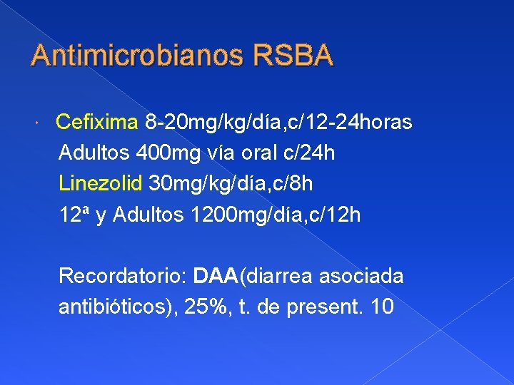 Antimicrobianos RSBA Cefixima 8 -20 mg/kg/día, c/12 -24 horas Adultos 400 mg vía oral