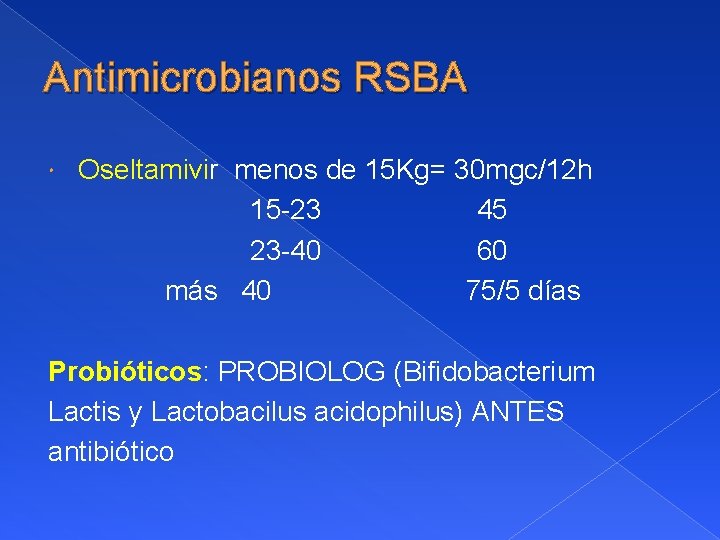 Antimicrobianos RSBA Oseltamivir menos de 15 Kg= 30 mgc/12 h 15 -23 45 23