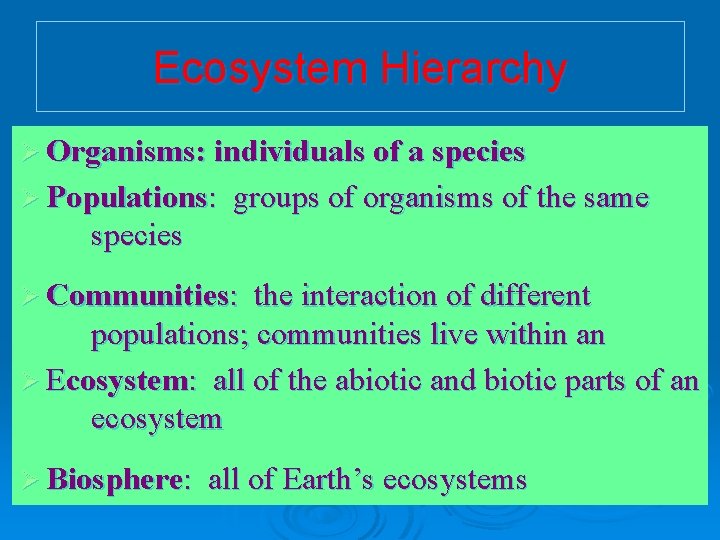 Ecosystem Hierarchy Ø Organisms: individuals of a species Ø Populations: groups of organisms of