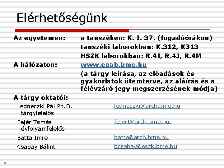 Elérhetőségünk Az egyetemen: A hálózaton: a tanszéken: K. I. 37. (fogadóórákon) tanszéki laborokban: K.