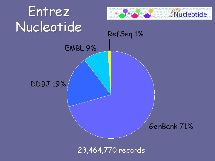 Entrez Nucleotide Ref. Seq 1% EMBL 9% DDBJ 19% Gen. Bank 71% 23, 464,