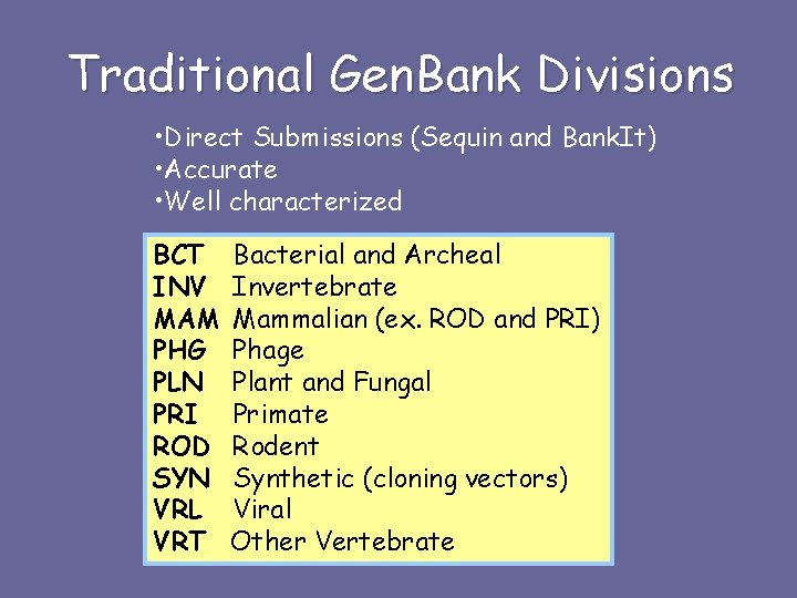 Traditional Gen. Bank Divisions • Direct Submissions (Sequin and Bank. It) • Accurate •