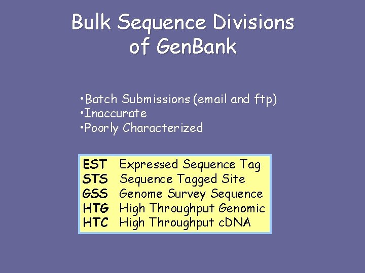 Bulk Sequence Divisions of Gen. Bank • Batch Submissions (email and ftp) • Inaccurate