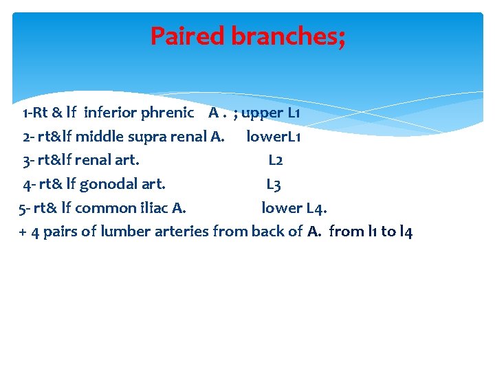 Paired branches; 1 -Rt & lf inferior phrenic A. ; upper L 1 2 Paired branches; 1 -Rt & lf inferior phrenic A. ; upper L 1 2