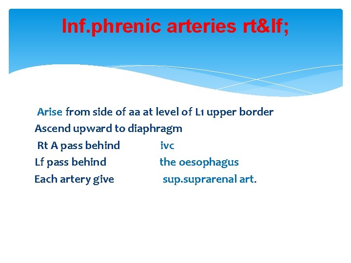 Inf. phrenic arteries rt&lf; Arise from side of aa at level of L 1 Inf. phrenic arteries rt&lf; Arise from side of aa at level of L 1