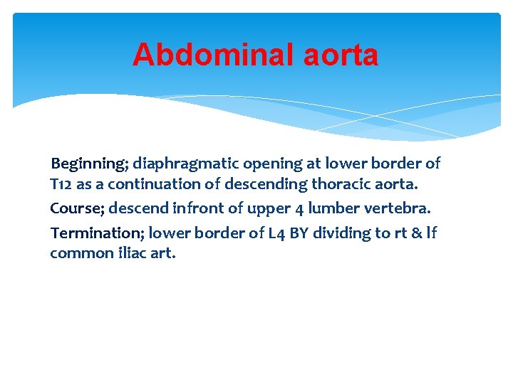Abdominal aorta Beginning; diaphragmatic opening at lower border of T 12 as a continuation Abdominal aorta Beginning; diaphragmatic opening at lower border of T 12 as a continuation
