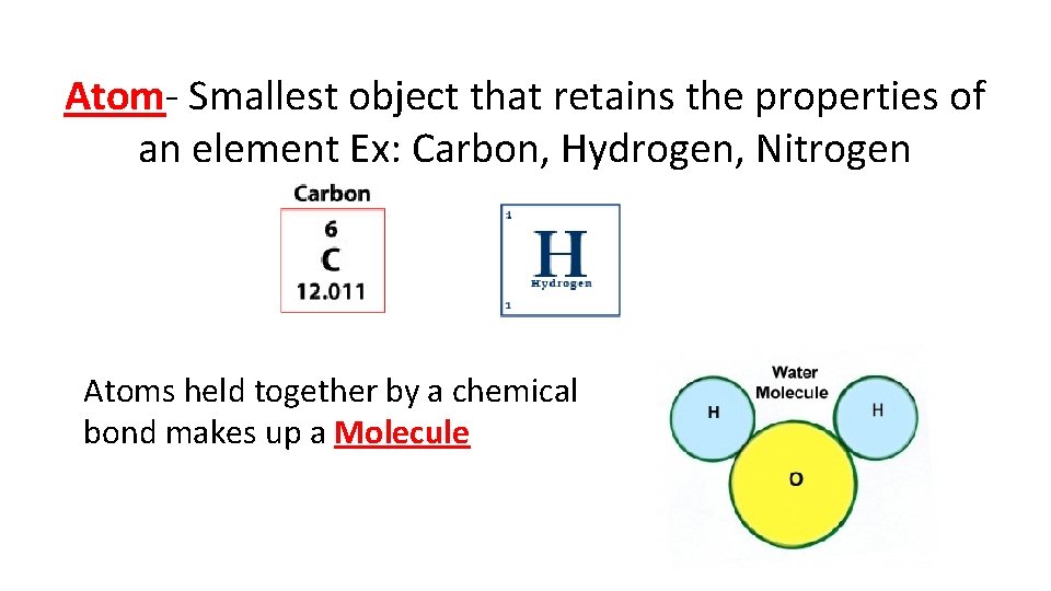 Atom- Smallest object that retains the properties of an element Ex: Carbon, Hydrogen, Nitrogen