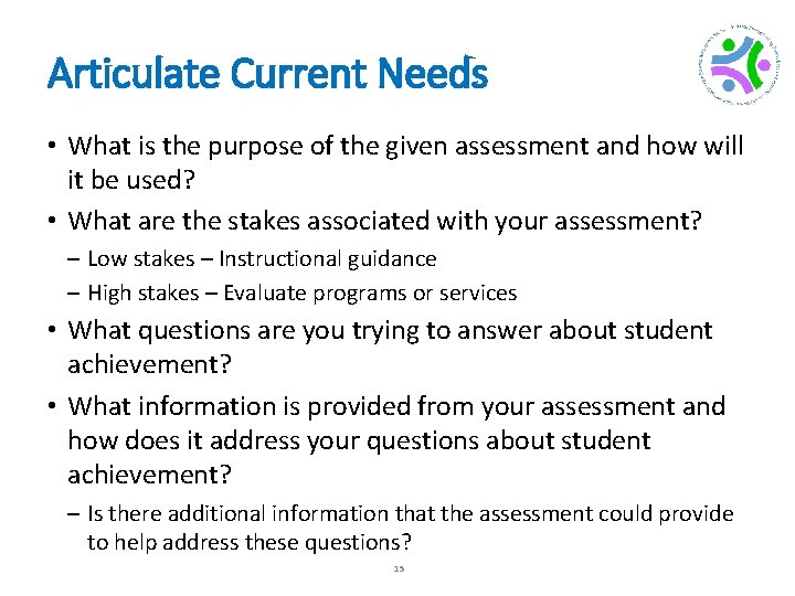 Articulate Current Needs • What is the purpose of the given assessment and how