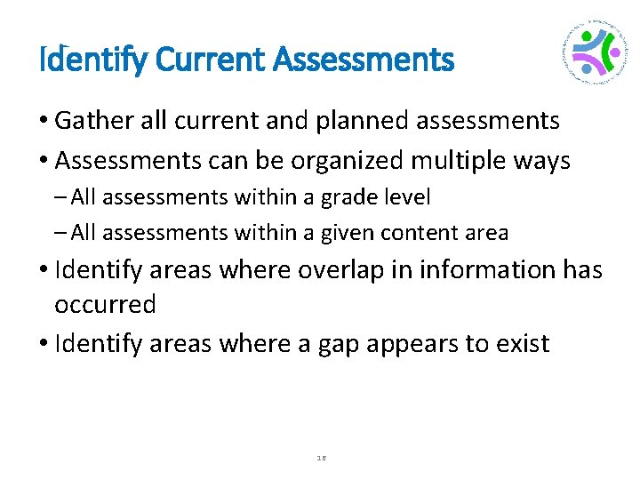 Identify Current Assessments • Gather all current and planned assessments • Assessments can be