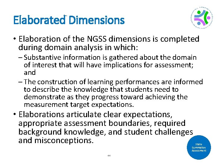 Elaborated Dimensions • Elaboration of the NGSS dimensions is completed during domain analysis in