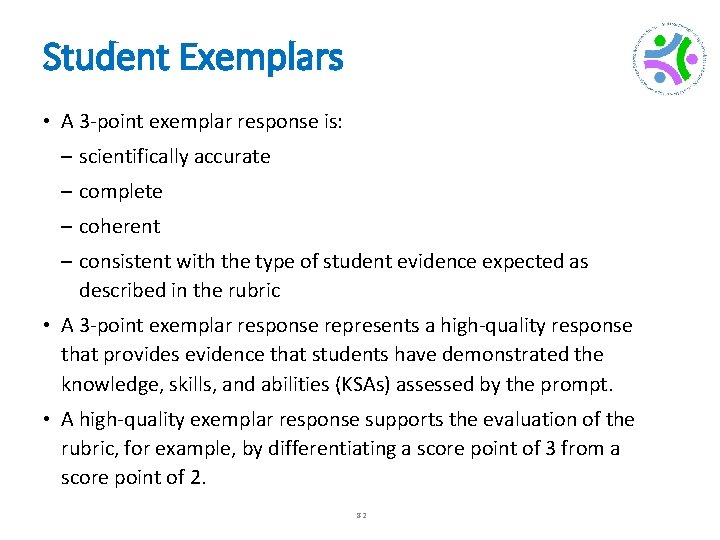 Student Exemplars • A 3 -point exemplar response is: – scientifically accurate – complete