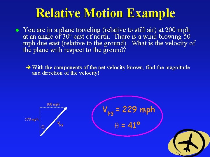 Relative Motion Example l You are in a plane traveling (relative to still air)