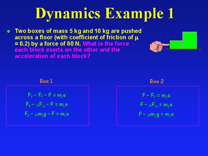 Dynamics Example 1 l Two boxes of mass 5 kg and 10 kg are