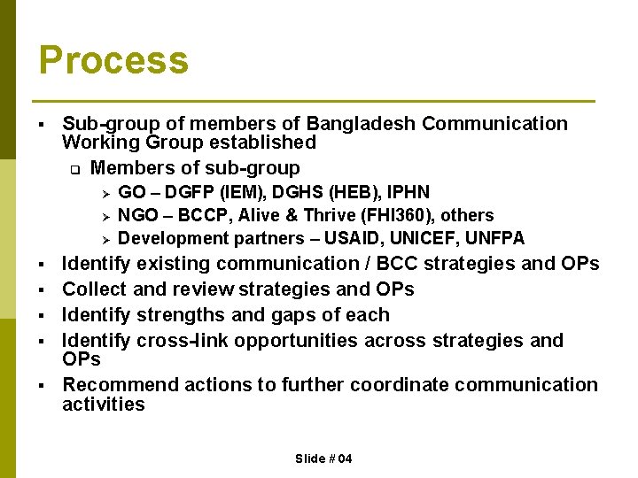 Process § Sub-group of members of Bangladesh Communication Working Group established q Members of