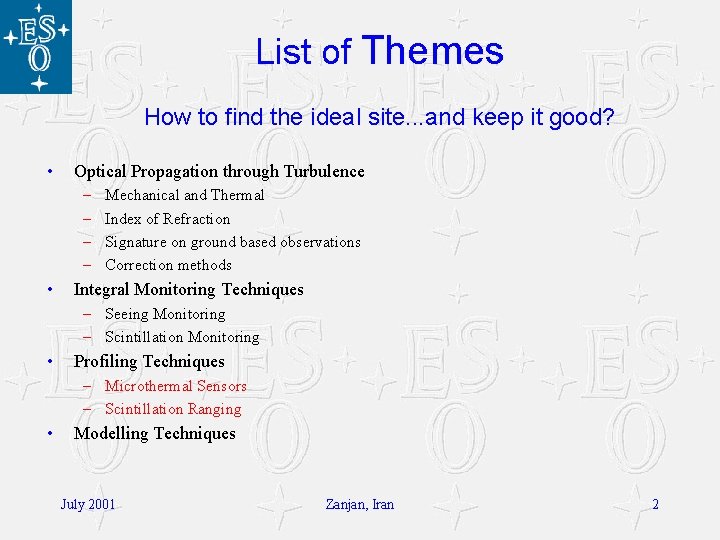 List of Themes How to find the ideal site. . . and keep it