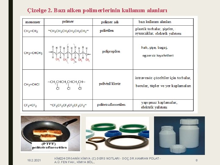 Çizelge 2. Bazı alken polimerlerinin kullanım alanları 18. 2. 2021 KİM 224 ORGANİK KİMYA