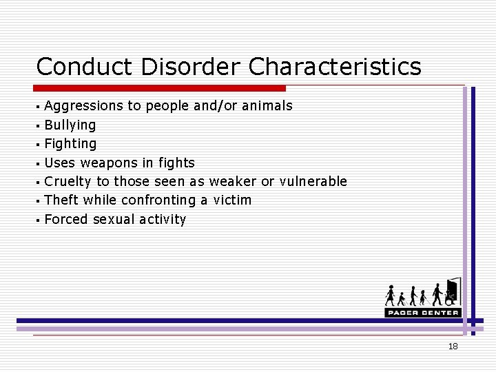 Conduct Disorder Characteristics § § § § Aggressions to people and/or animals Bullying Fighting
