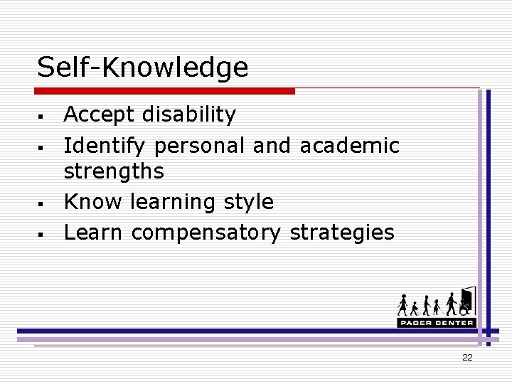 Self-Knowledge § § Accept disability Identify personal and academic strengths Know learning style Learn