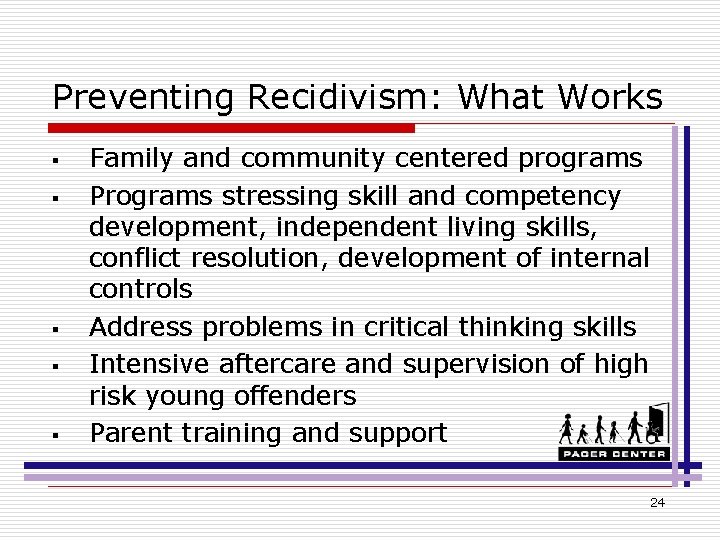 Preventing Recidivism: What Works § § § Family and community centered programs Programs stressing