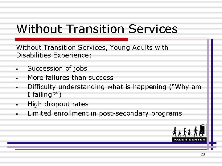 Without Transition Services, Young Adults with Disabilities Experience: § § § Succession of jobs