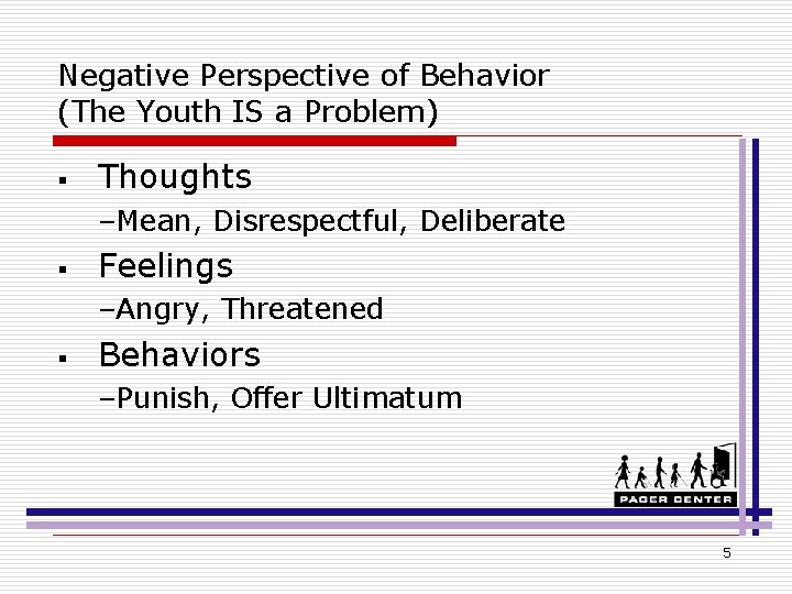 Negative Perspective of Behavior (The Youth IS a Problem) § Thoughts –Mean, Disrespectful, Deliberate