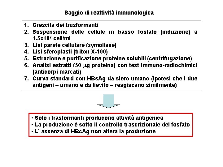 Saggio di reattività immunologica 1. Crescita dei trasformanti 2. Sospensione delle cellule in basso