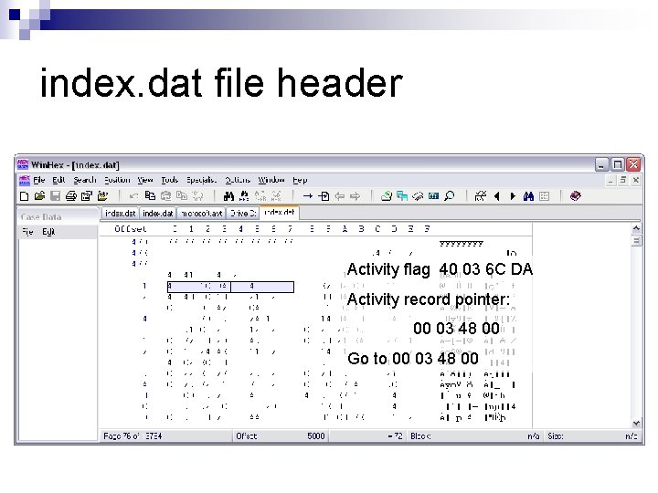 index. dat file header Activity flag 40 03 6 C DA Activity record pointer: