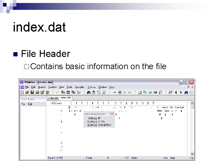 index. dat n File Header ¨ Contains basic information on the file 